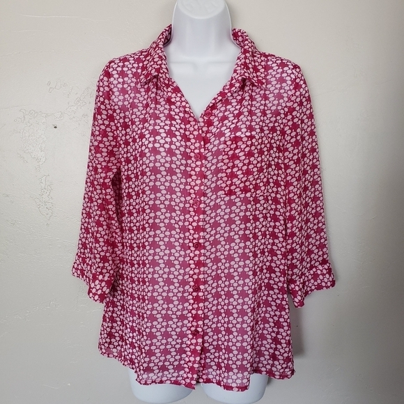 Downeast Basics Small Magenta Pink Chiffon Blouse White Polka Dot Button Up Top - Picture 1 of 9